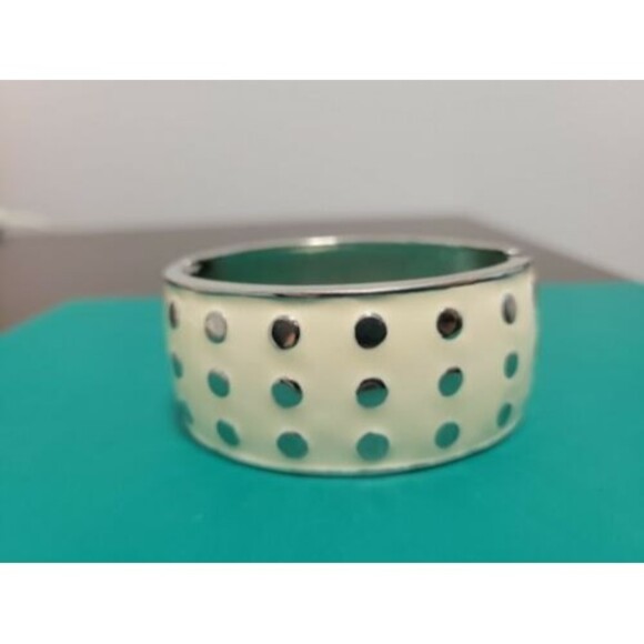 Jewelry - Vintage Ivory Enamel SilverTone Polka Dot Patterned Clamper Bangle Bracelet
